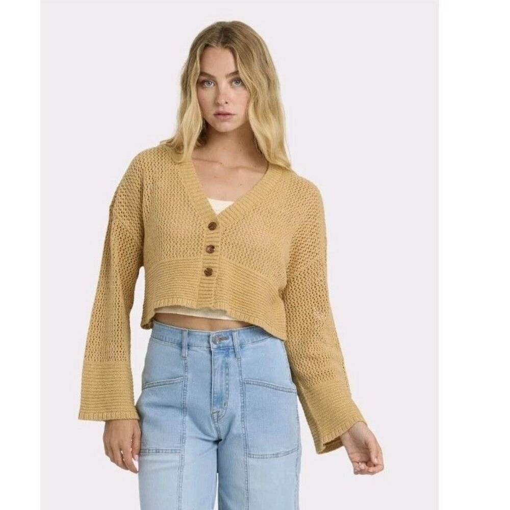 Billabong Cropped Boxy Cardigan Women's Size L Yellow Gold Sweater